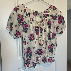 Cream + floral boho top with tassels
